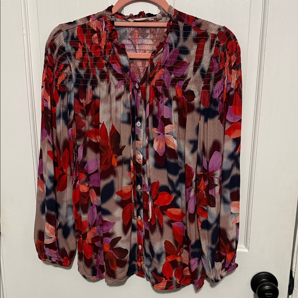 Floral Button-Up Blouse - Red and Purple
